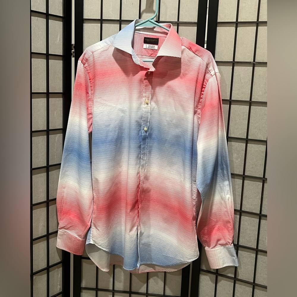 THOMAS DEAN COLLECTION ITALIAN LUXURY FABRIC LONG SLEEVE OMBRÉ SHIRT, MENS SZ L